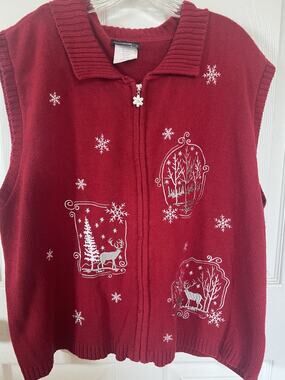 VTG Southern Lady Christmas Sweater Vest Red Zip Winter Deer Snowflake XL 1X